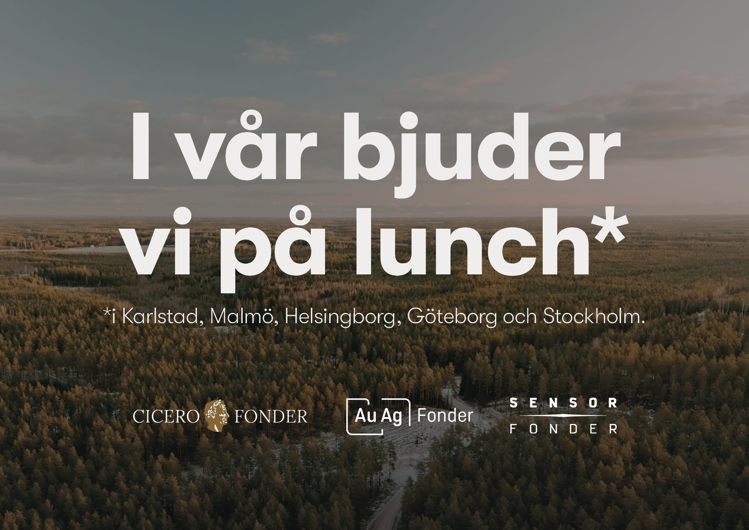 Drönarbild över skog med texten "I vår bjuder vi på lunch" samt logotyper från Cicero, Auag och Sensor